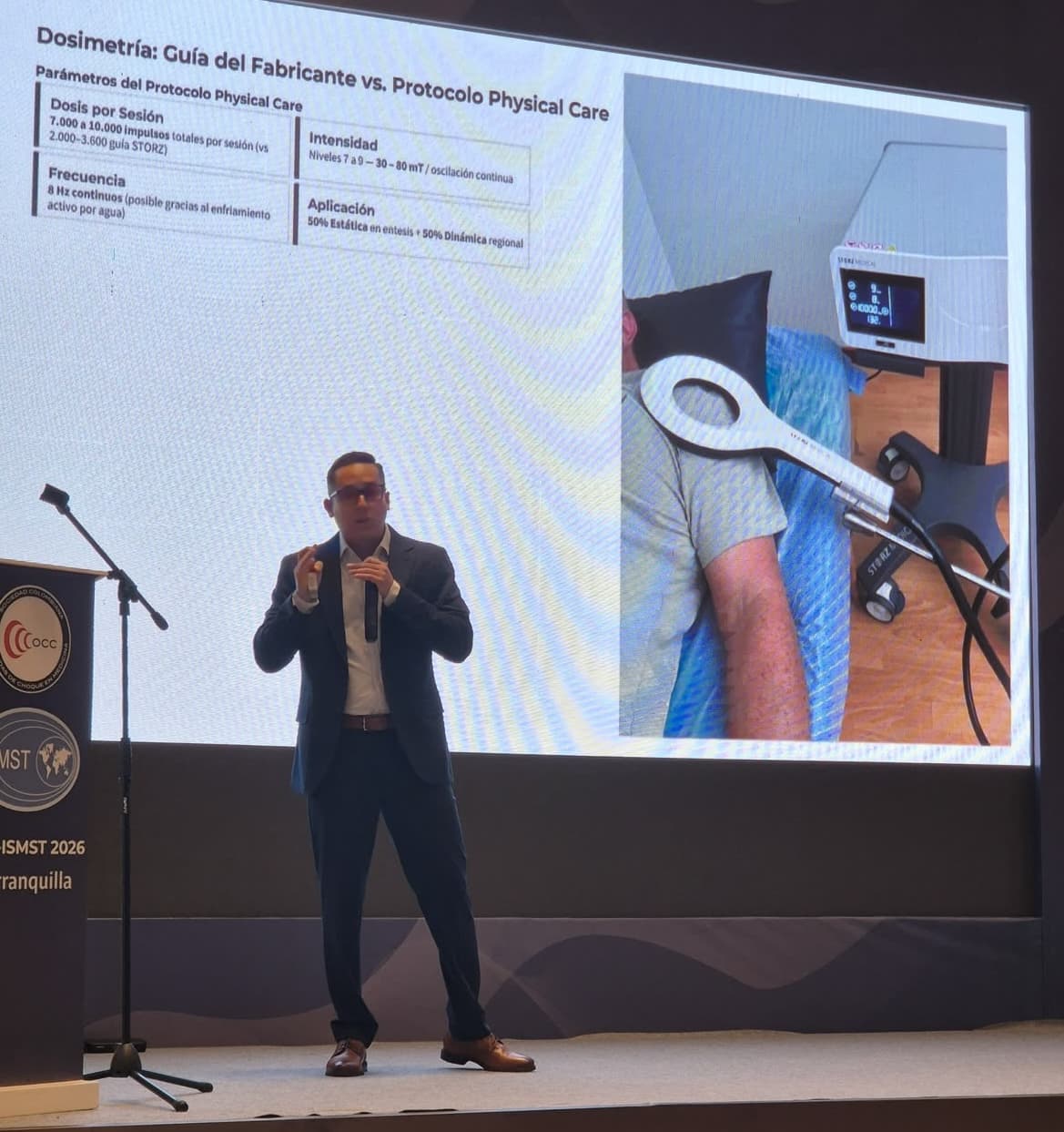 MSc. Enmanuel Li Torres presentando dosimetría y protocolo Physical Care para tratamiento con EMTT y ondas de choque